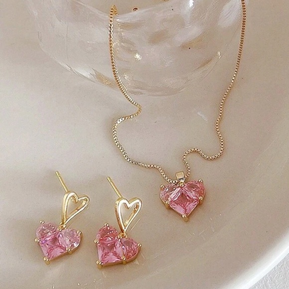3-piece Pink Heart Rhinestone Jewelry Set - Picture 4 of 5